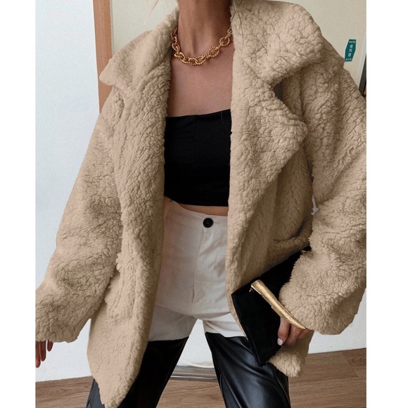 Luxe Solid Teddy Button Pockets Loose Fit Jacket Coat - Picture 1 of 12
